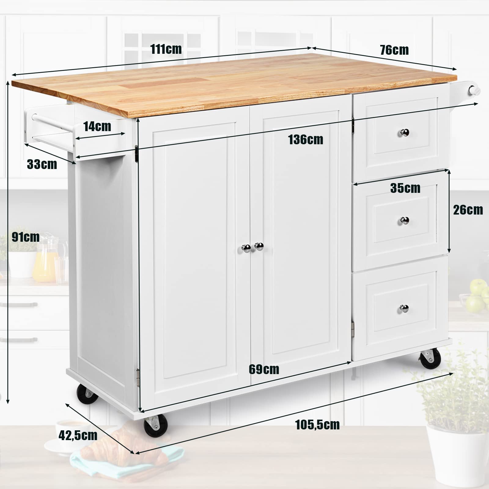 RELAX4LIFE Isola Cucina con Ruote Scorrevoli con Freni a Pedali, in Legno Verniciato con Armadietto e Cassetti Capienti,136 x 76 x 91 cm (BIANCO)