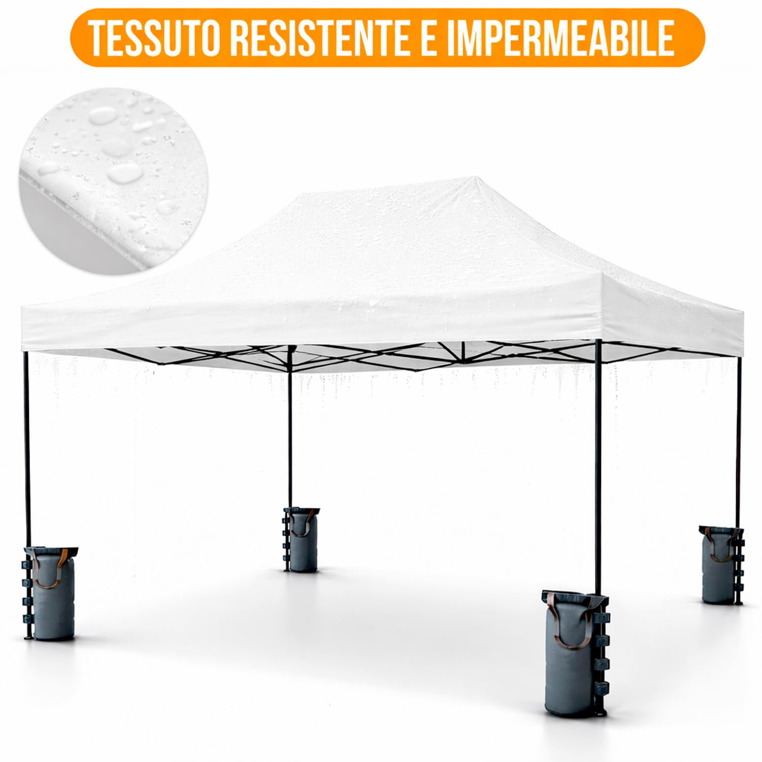 BRICOZONE Gazebo Professionale 3x4.5 Metri Pieghevole Impermeabile Con Struttura In Acciaio Rinforzata Telo Oxford 1200D PVC Protezione UV Con Sacche Zavorra Picchetti Corde E Borsa Custodia (Bianco)