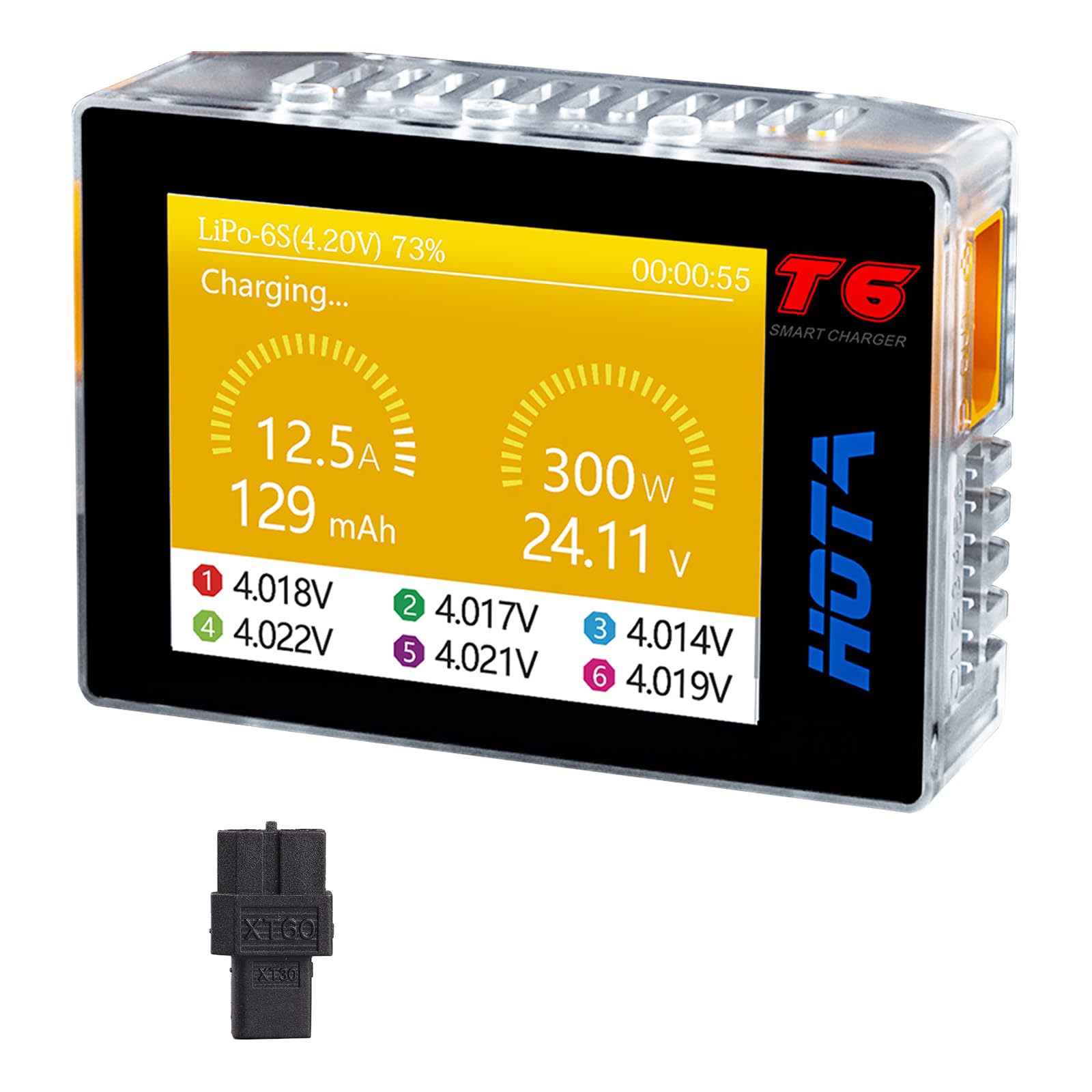 HOTA T6 1-6S Lipo Akkuladegerät, RC Smart Akkuladegerät | 300W, XT60, PD Doppeleingang, 15A RC Autoladegerät, unterstützt PD3.0, QC Schnellladeprotokolle