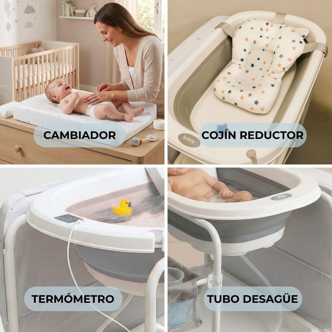 BATHBY Bañera Bebé con Patas Multifuncional 6 en 1: Plegable con Soporte, con Termómetro, Cojín Reductor, Cambiador, Bandeja y Cesta Organizadoras, Desagüe con Tubo y Soporte para Ducha, (Gris Pro)