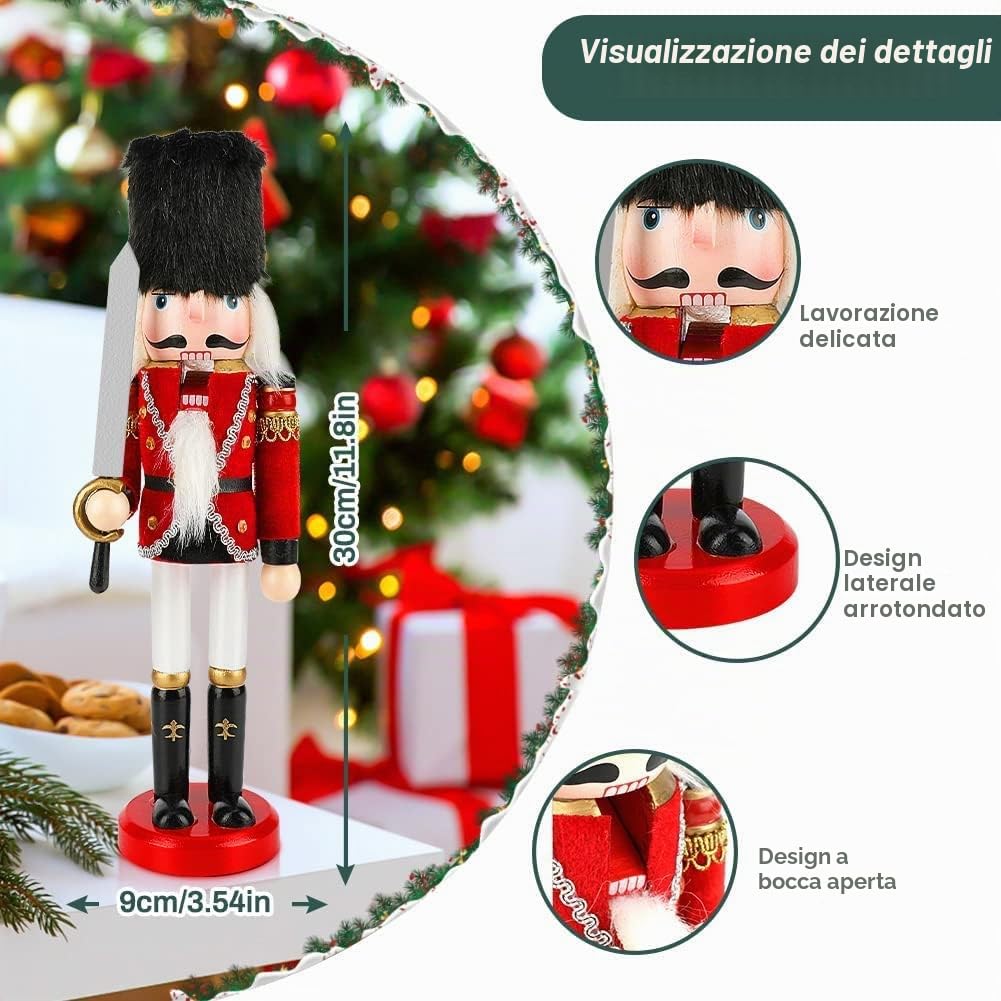 KAHEIGN 2 Pezzi Soldati Schiaccianoci di Legno, 2 Stile 30CM Figure Tradizionali dello Schiaccianoci di Natale Soldato Dipinto in Legno di Pino Premium per Casa Camino Decorazione (Tamburo & Spada)