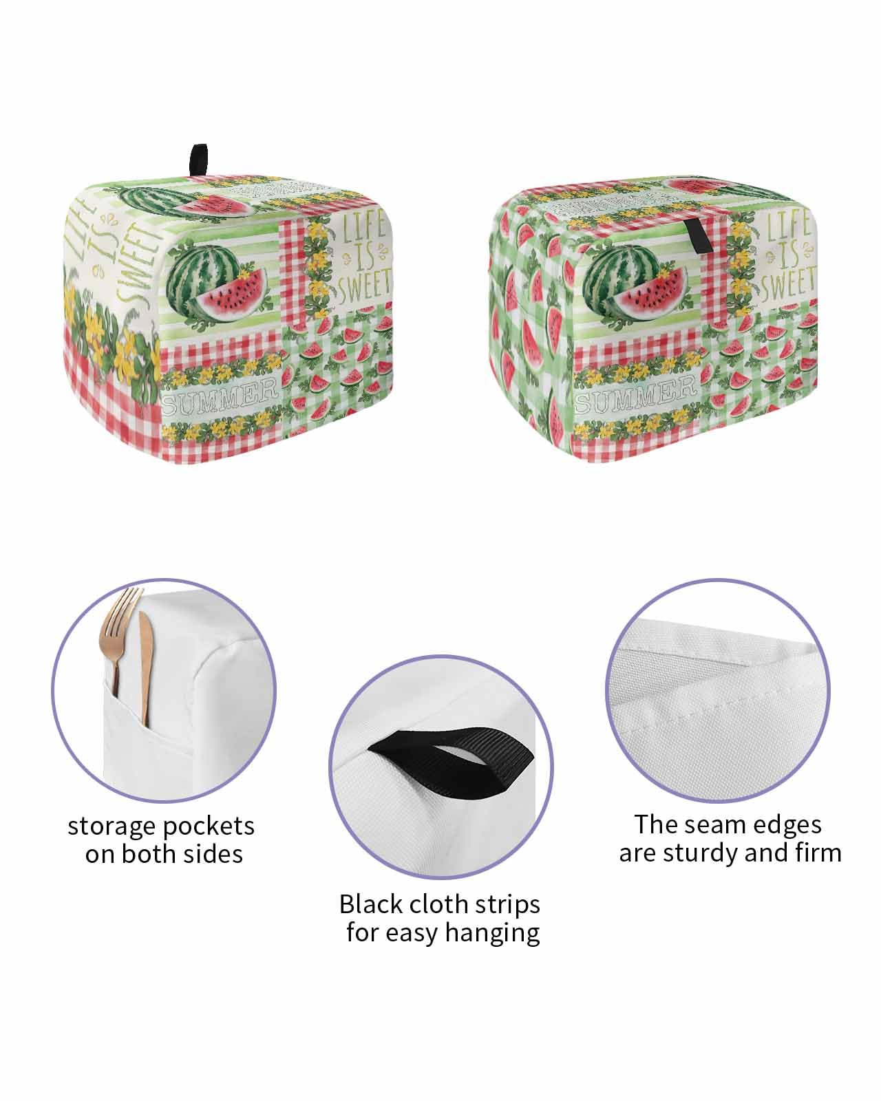Red Watermelon Toaster Cover 2 Slice, Summer Green Leaves Floral Retro Country Dustproof Bread Machine Oven Cover with Storage Pockets, Fits Most Kitchen Toasters Protector
