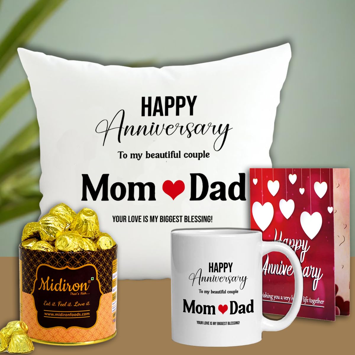 Midiron Wedding Anniversary Combo for Parents – Cushion Cover, Coffee Mug and Chocolate Gift Hamper for Mom Dad-image-49