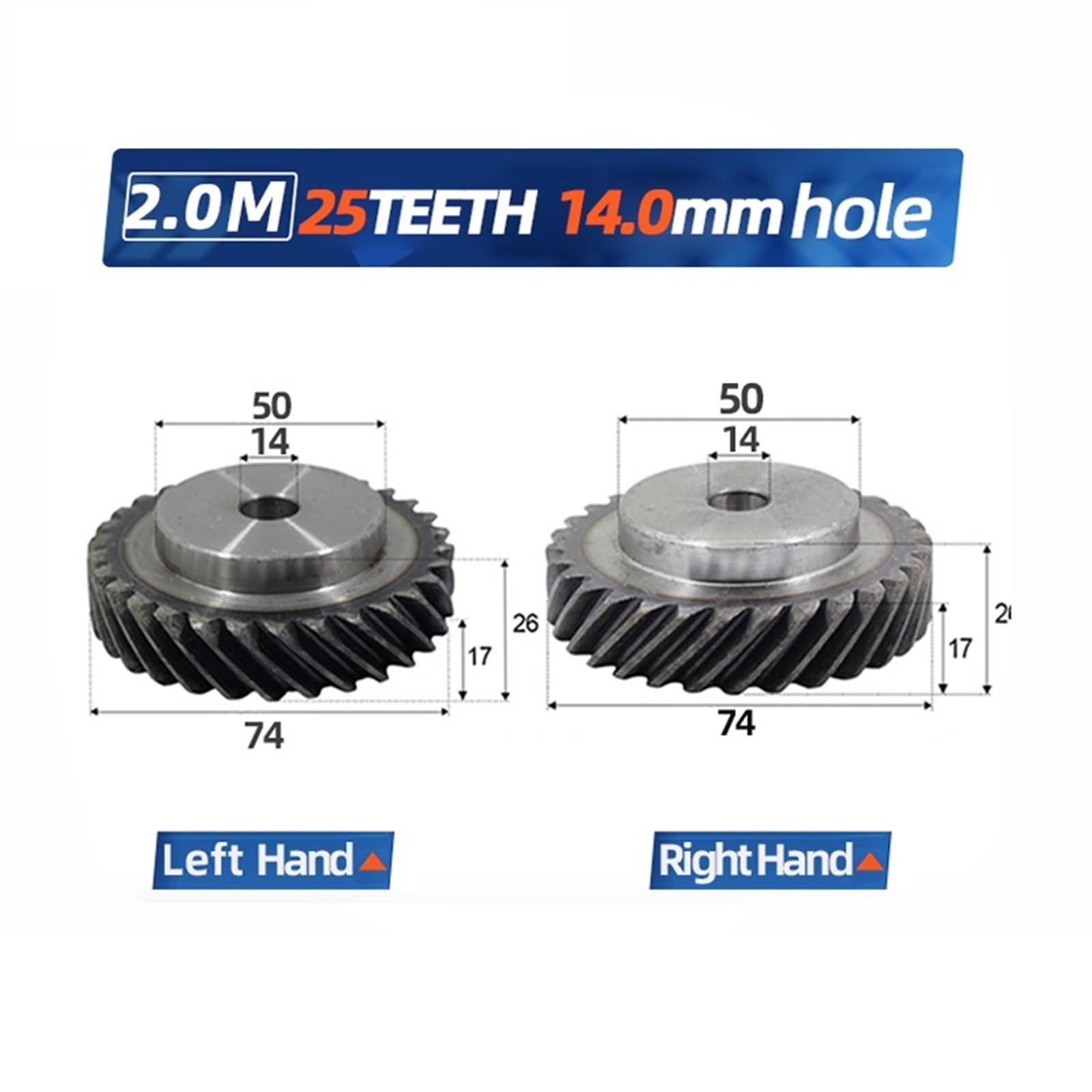 Engrenage hélicoïdal gauche et droit, module 2, 25 dents, trou intérieur 14 mm, crémaillère, pignon, 1 pièce(1pcs left hand)