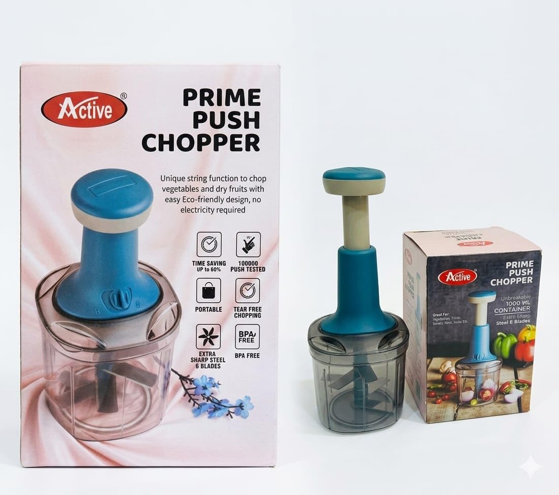 Active Prime Push Chopper, Manual Vegetable Chopper with 1000 ML Unbreakable Container, Extra Sharp Steel 6 Blades, Blue-image-15