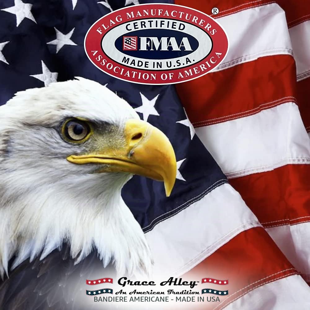 Grace Alley Bandiera americana: bandiera americana 100% Made in USA. Stelle ricamate, strisce cucite e occhielli in ottone. Resistente allo sbiadimento, resistente, in nylon di lunga durata per una