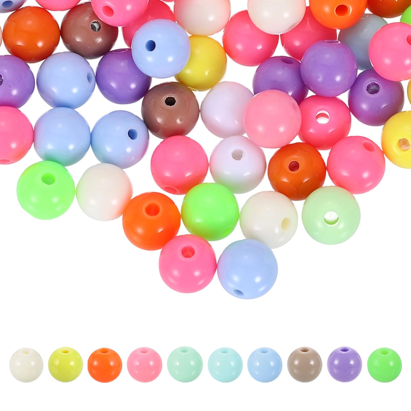 sourcing map 200pcs Random Light Color Acrylic Round Beads 10mm Dia 1.9mm Hole Plastic Resin Smooth Balls Loose Bead for Jewelry Making Bracelets Necklace Earrings DIY