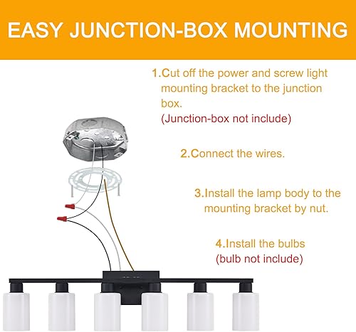 Miniatura 9 de Lámpara de tocador de baño de 6 luces negras, iluminación negra mate para espejo, lámparas de baño rústicas con vidrio esmerilado blanco lechoso,