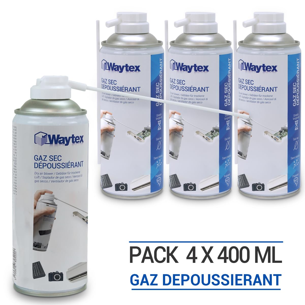 Waytex Lot de 4 Dépoussiérants Spray Air sec 400ml Ultra Puissant 5 bars, Bombes d’Air Comprimé Nettoyant pour PC, Clavier, Appareil Photo et Composants électroniques, avec buse précision