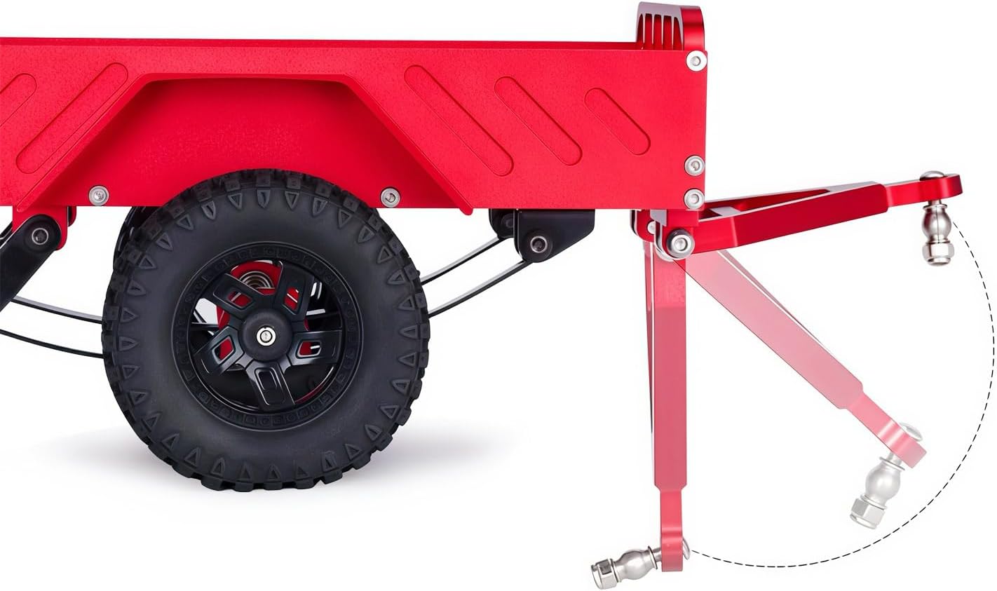 CNC Aluminum Utility Trailer for 1/18 RC Crawler, Small Scale Hauling Trailer with Fold-Down Tailgate Ramp, 1.0in Wheels, Fully Assembled (Red)