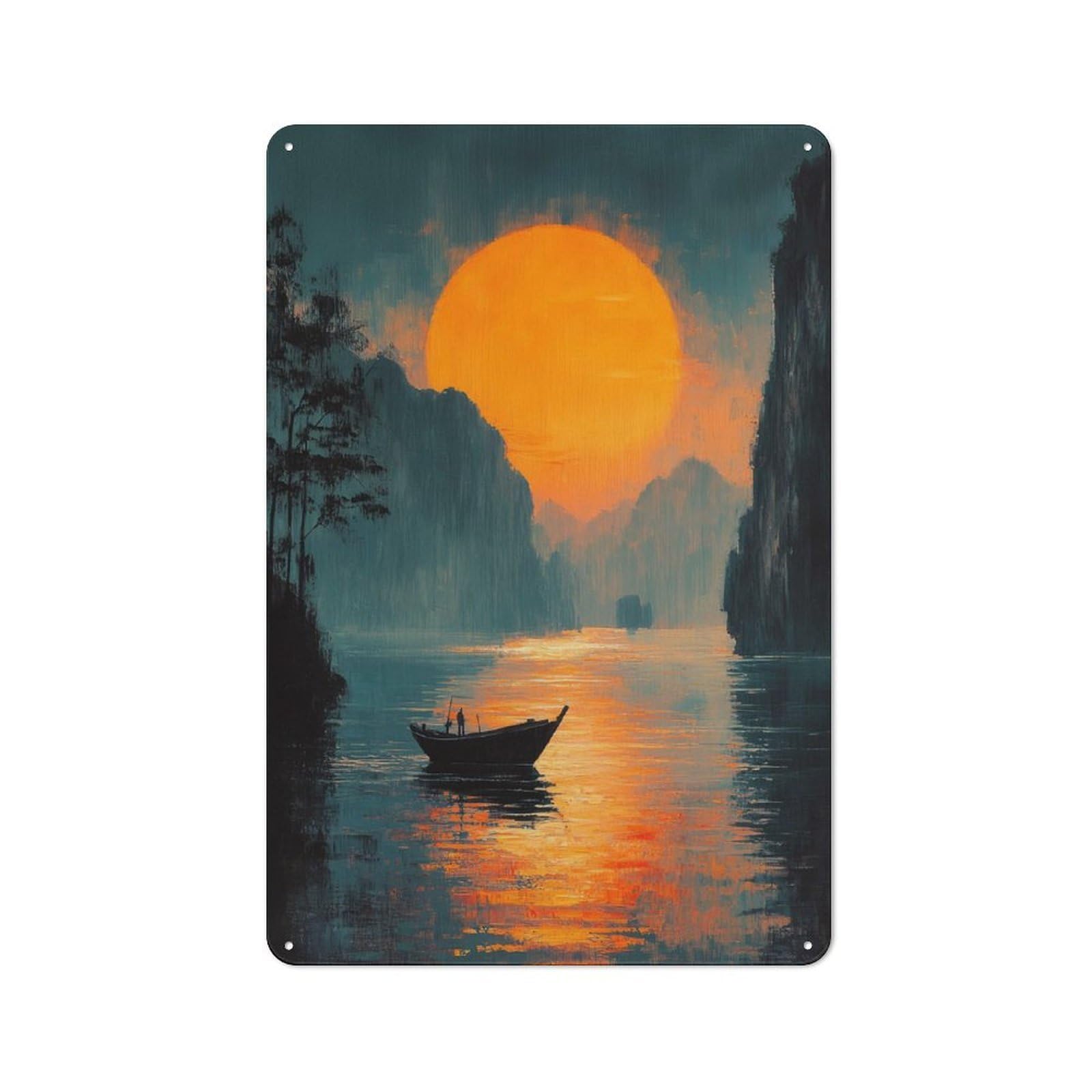 Metal Plaque with Sunset Boat Scene Design 30x20cm, Retro Kitchen Wall Decor for Bakery, Diner, Cafe Or Family Room