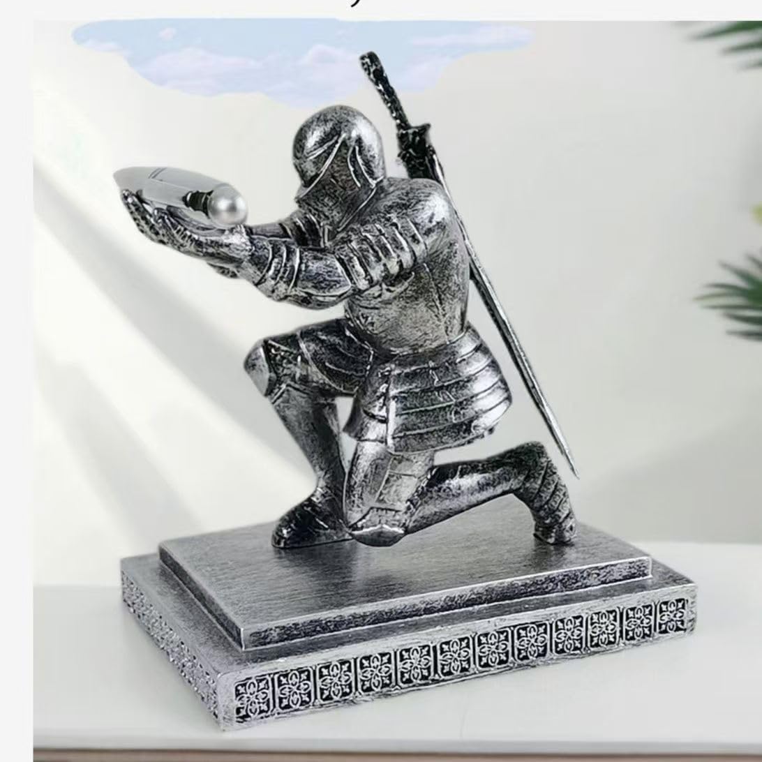 Knight Pen Holder Mobile Phone Stand, Ornament Knight Statue, Pen Stand Paperweight with a Metal Sword Letter Opener for Office and Home