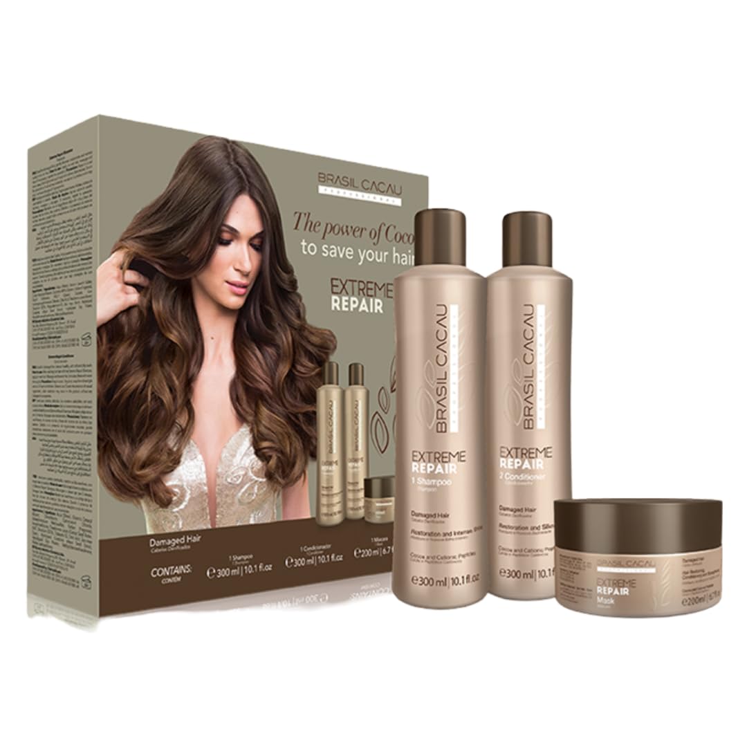 Brasil CacauExtreme Repair Home Care Kit – Complete 3-Step Solution for Damaged Hair - Essential Treatment for Healthy, Resilient Hair