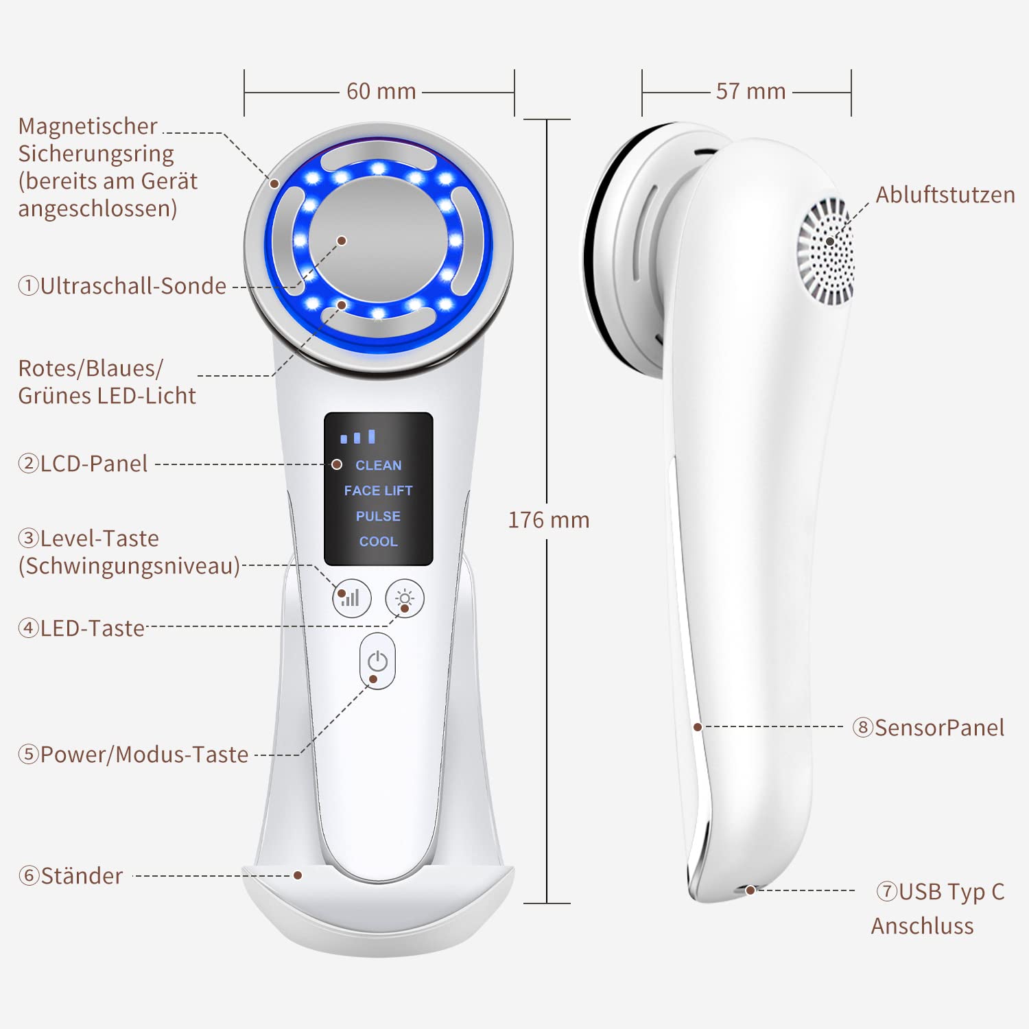 Ultraschallgert Gesicht Schnheitsgert, 3 LED RF Lichttherapie  Gesichtsmassagegert, Ultraschall Vibration Tiefenreinigung EMS Kalte/heie  Impulsmodus fr Anti Falten Anti-aging Gesichtspflege : Amazon.de: Kosmetik