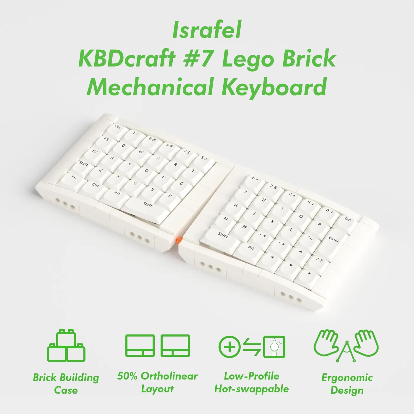 KBDcraft 07Israfel 50% Ergo-Split Low-Profile Mechanical Keyboard, 56-Key Ortho, Lego-Compatible Case, Wired, Linear Switch, Gasket Mount, Hot-Swappable, RGB, QMK, Vial for Win/Mac, Full Kit, White