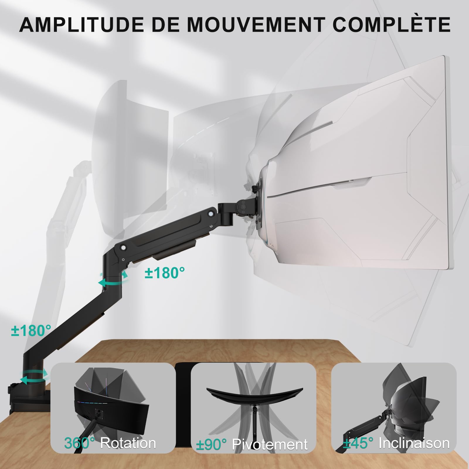 WALI Bras pour écran Ultra Large jusqu'à 49" et 20 kg, Support de Moniteur Robuste, entièrement réglable, VESA 75 et 100 mm (GSM001XL), Noir