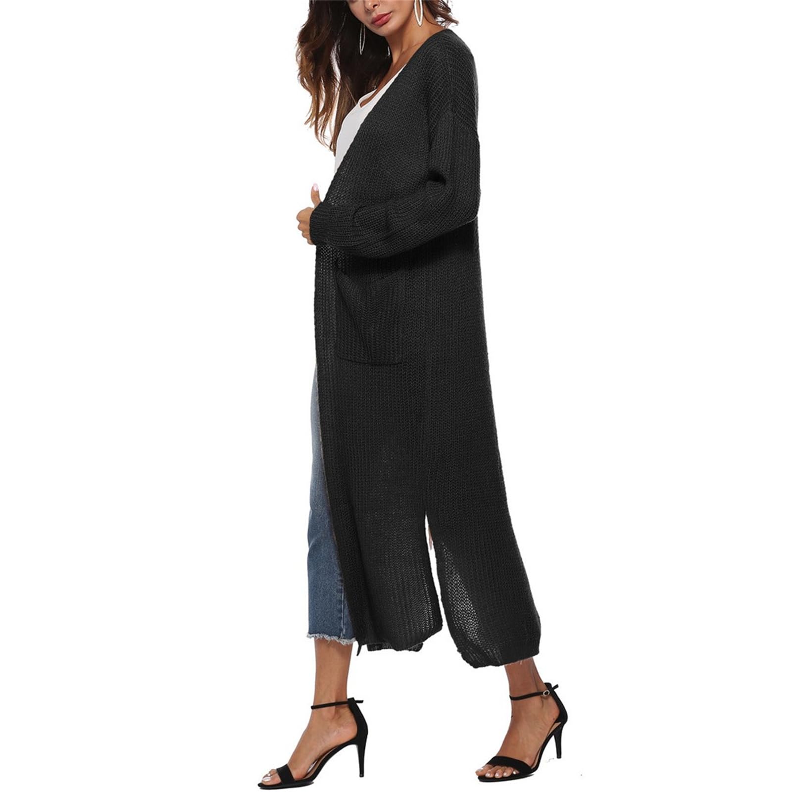 Gilet Long Femme Tricot Ouvert Avec Fentes Latérales Et Poches