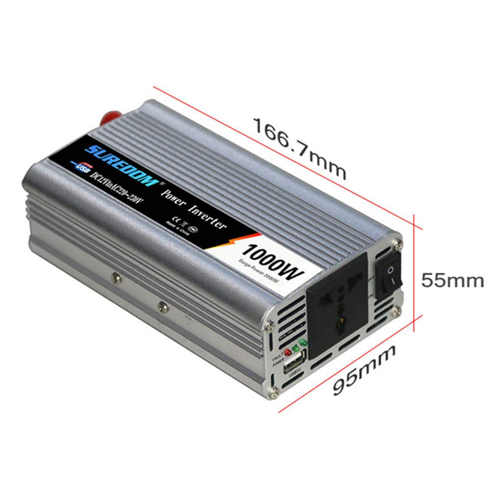 Onduleur De Voiture 1000W, Onduleur Solaire, Convertisseur De Pur Sinus Tension CC 12V / 24V à CA 110V / 220V avec Port USB pour Connexion Directe à La Batterie De Voiture,12V-220V