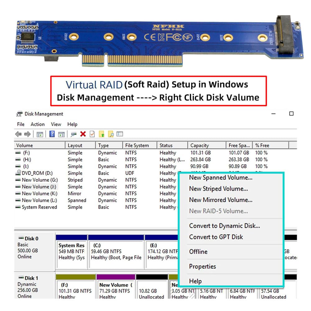 Cablecc Dual 2X NVMe M.2 SSD auf PCIe Express Gen4 X8 X16 RAID Card VROC Hyper Adapter mit Low-Profile-Halterung
