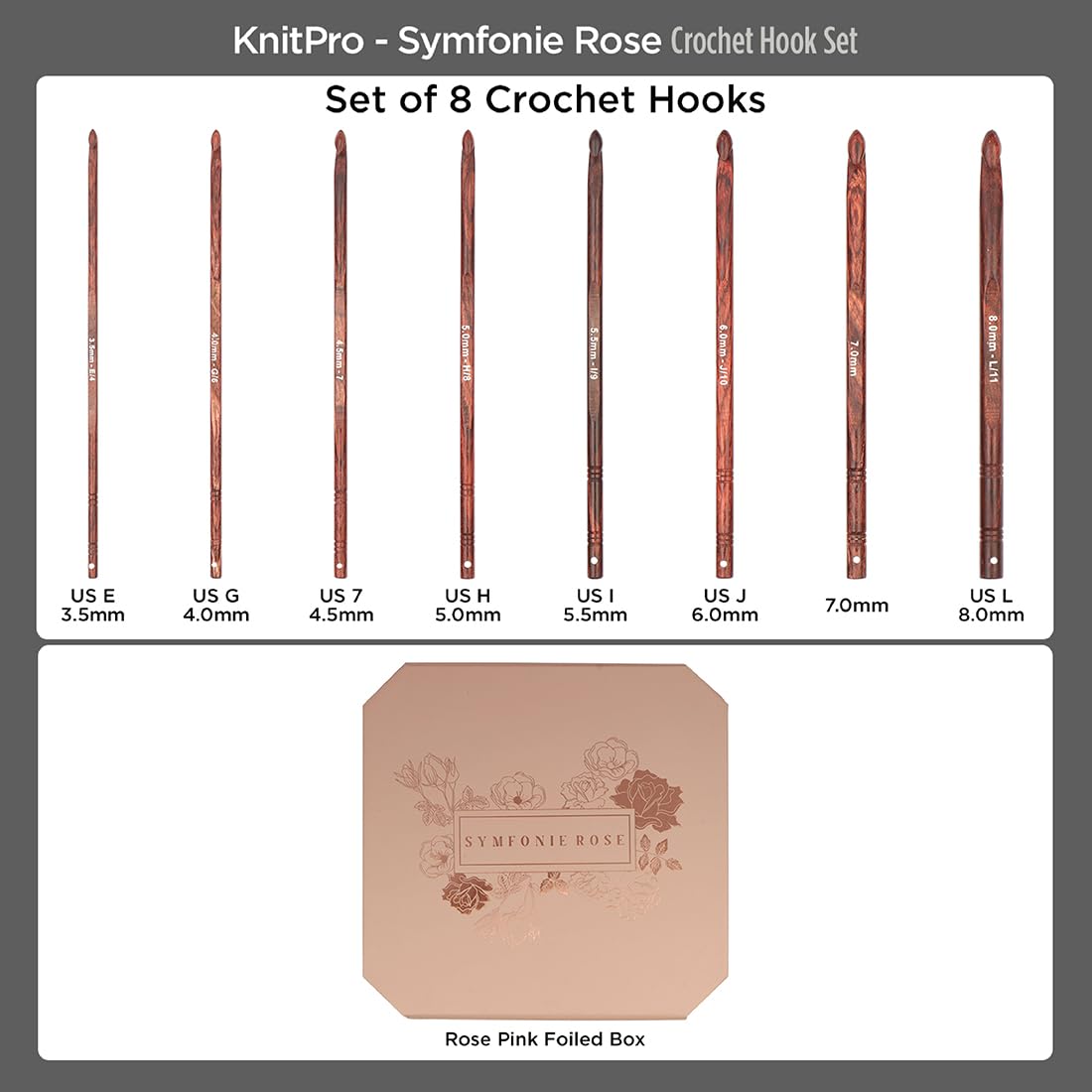 KnitPro Deluxe-Geschenkset – Symfonie Rose Häkelnadeln (3,50–8,00 mm), Rotbraun
