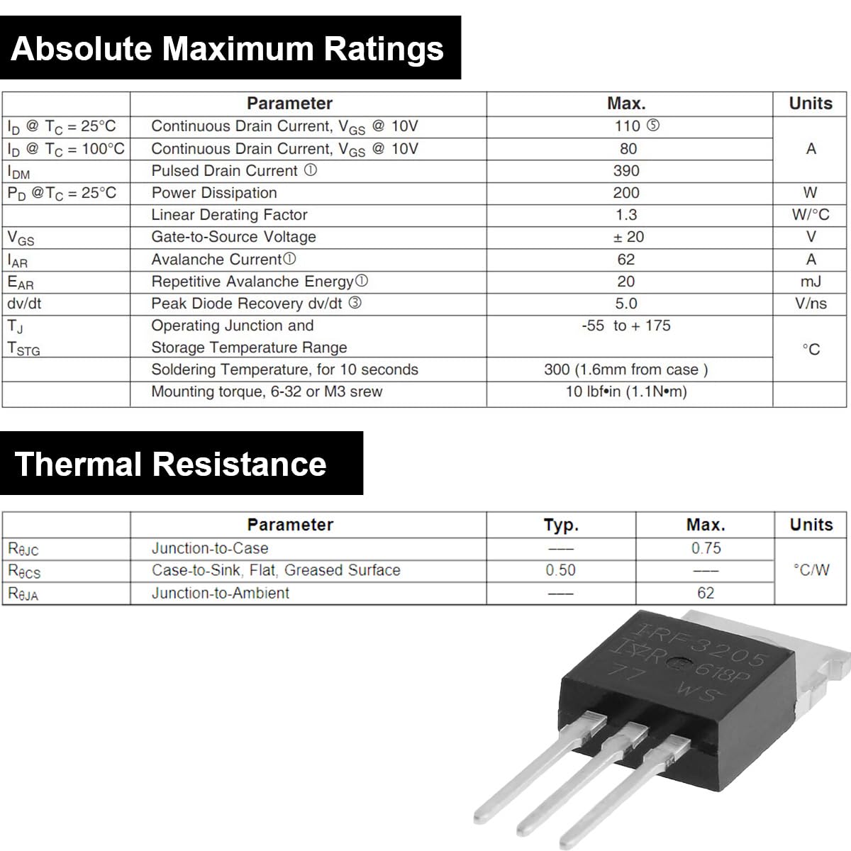 DAOKAI IRF3205 MOSFET 55V 110A – 20 Stück Mit Kühlkörper & Montageset, N-Kanal TO-220