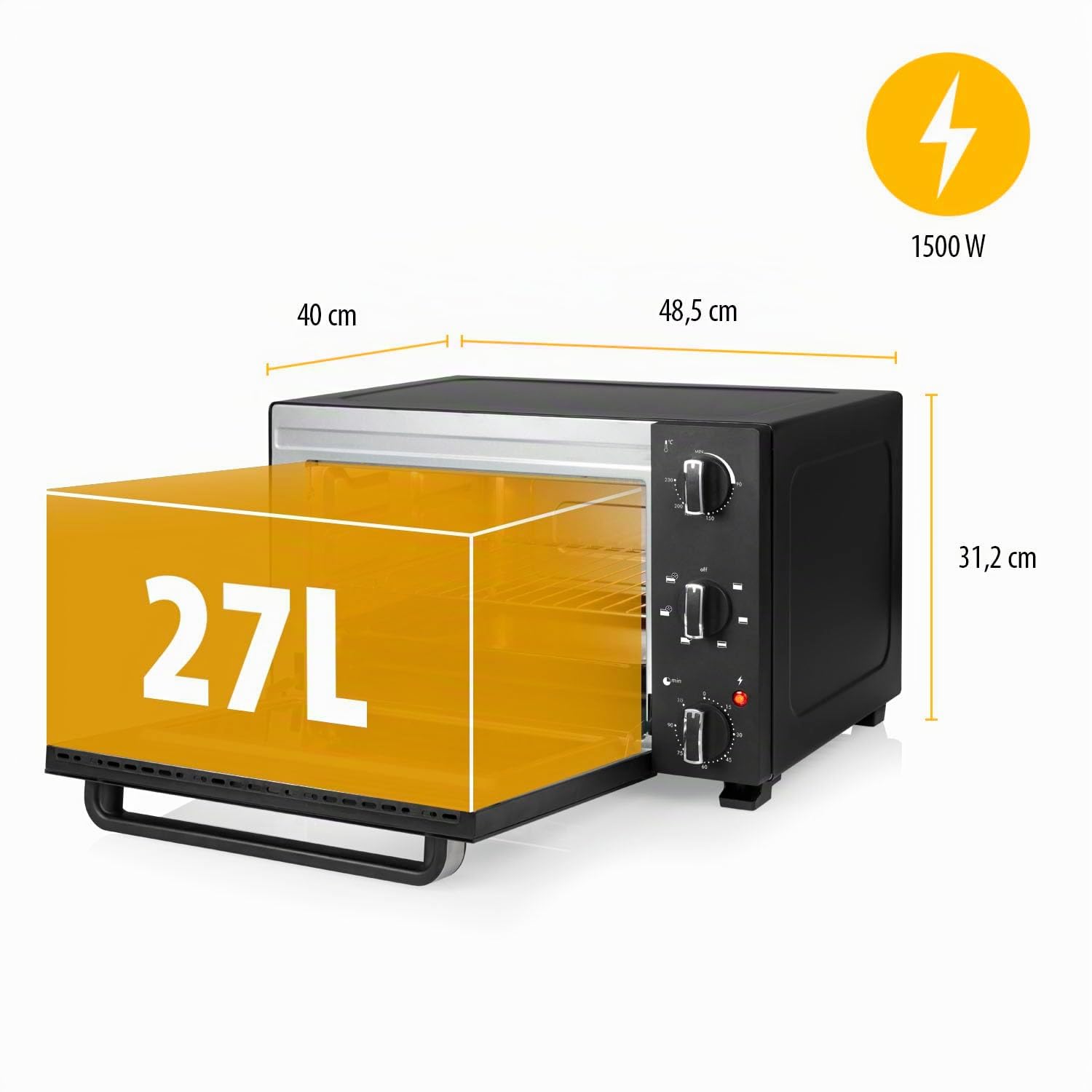 Tristar Horno de Convección, 27L Capacidad, 1500W, 6 Funciones, Temporizador 90 Min, Termostato 90–230 °C, Puerta Doble Cristal, Luz Interior, Accesorios Incluidos, OV-3627
