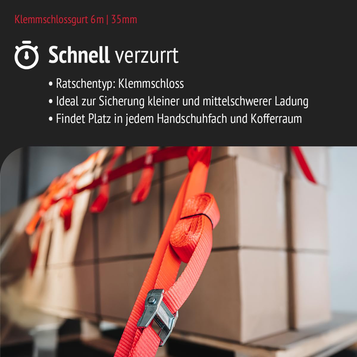 Klemmschlossgurt 35 mm | Länge 6,0m | einteilig | Set | LC 700 daN | Farbe rot | Klemmschlossgurt zur Ladungssicherung | für LKW, Anhänger und Kleintransporter (10)
