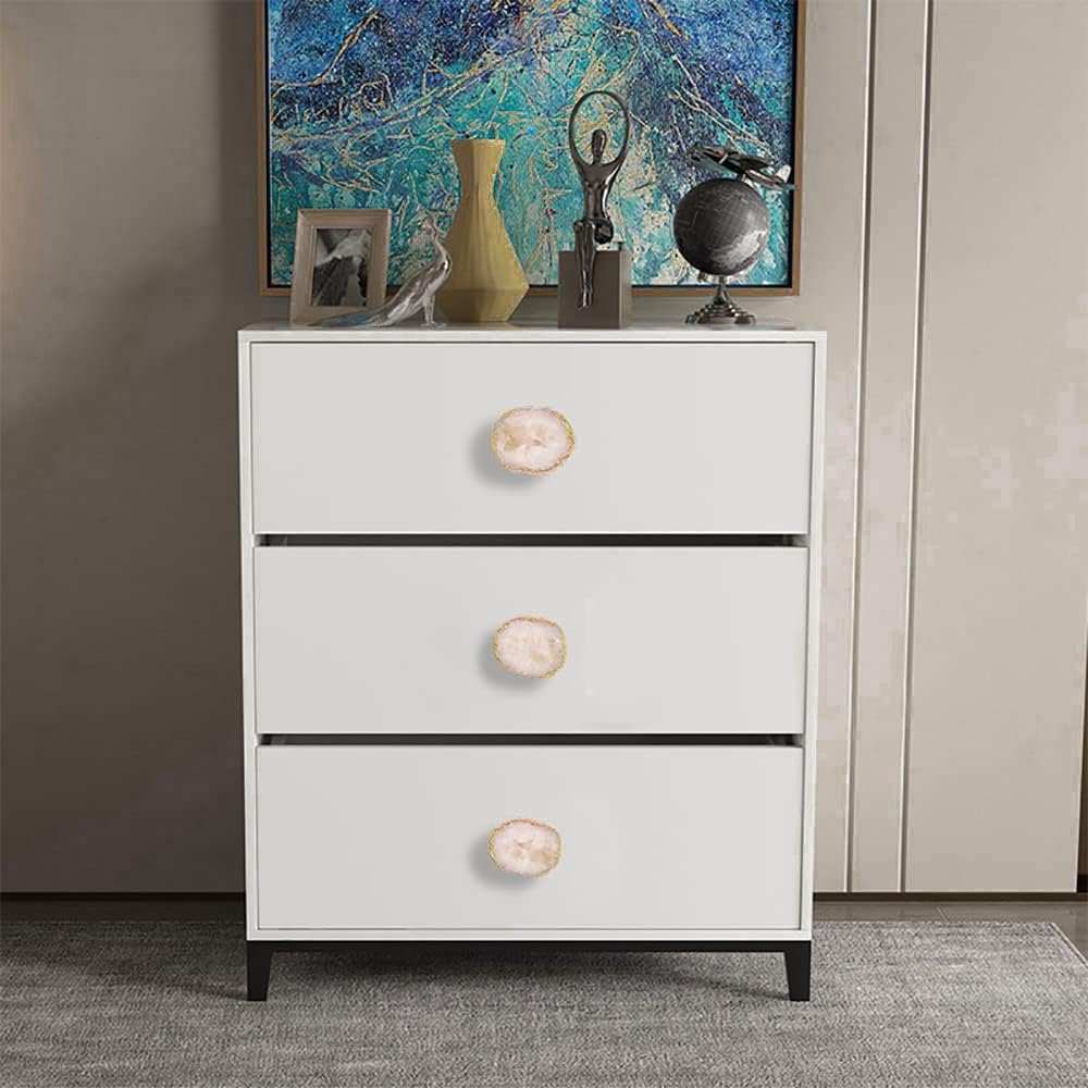 3Pcs Bigsize White Crystal Quartz Knobs, Golden Edges Brass Cupboard Pulls Natural White Gemstone Knobs Cabinet Crystals Stone Handles for Drawer Dresser with Screws (Style1)