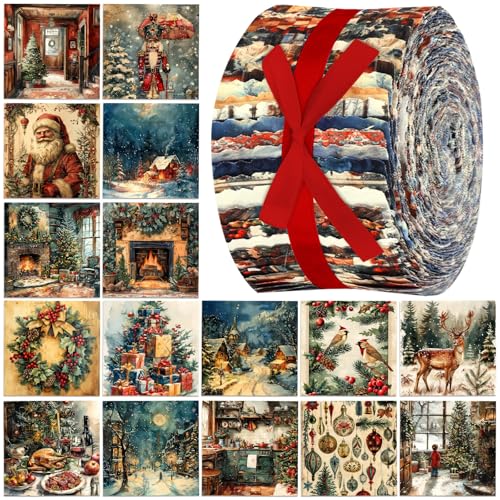 Ganeen 100 Pcs Vintage Christmas Quilting Fabric Roll 2.56 x 20.08 Inch Santa Reindeer Fabric Jelly Square Patchwork Nutcracker Cardinal Precut Strip Bundle for Winter Xmas Craft DIY Sewing Material