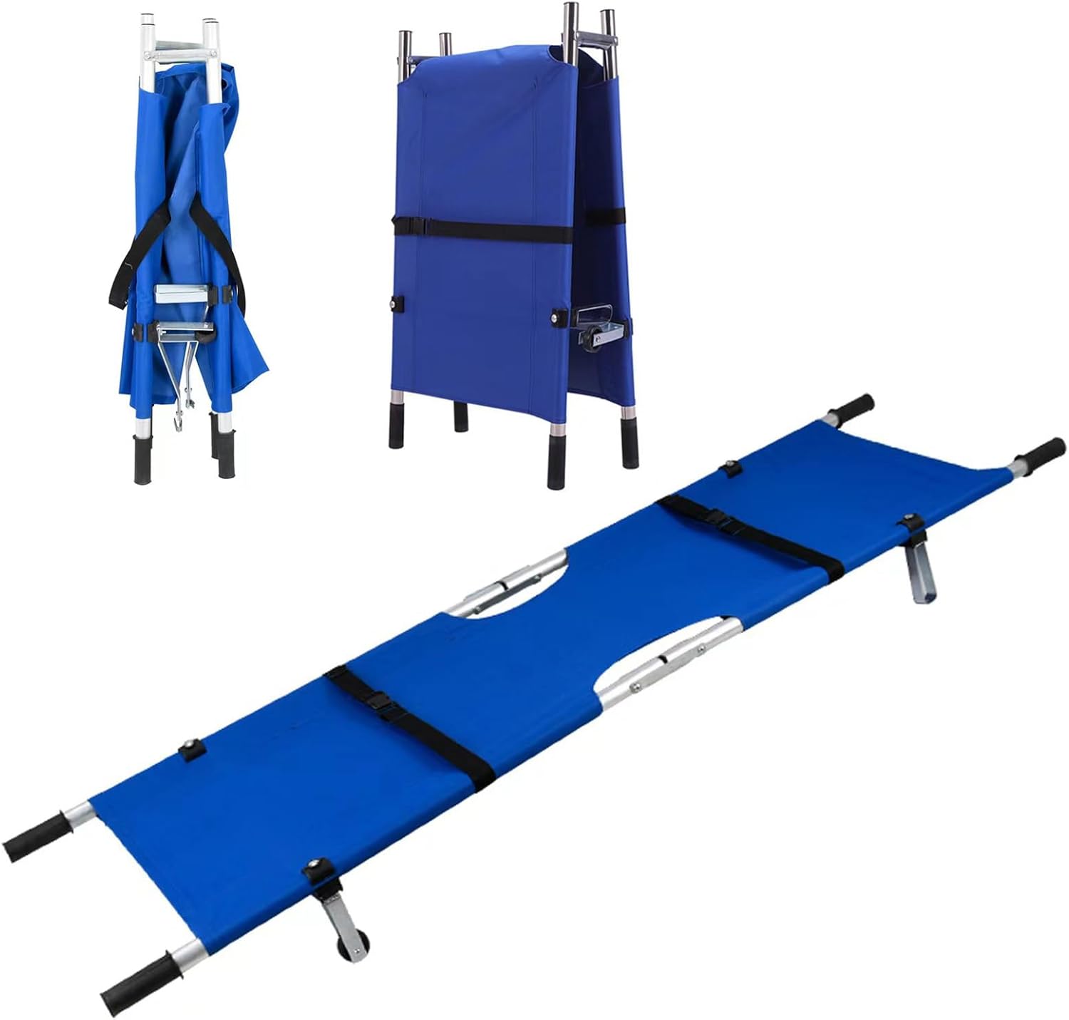 Stretcher Portable Folding Aluminum Lightweight with Trolley 2 Wheels Rescue Stretcher for Hospital, Clinic, Home, Sports Venues, Ambulance Capacity 330 lb (Blue)