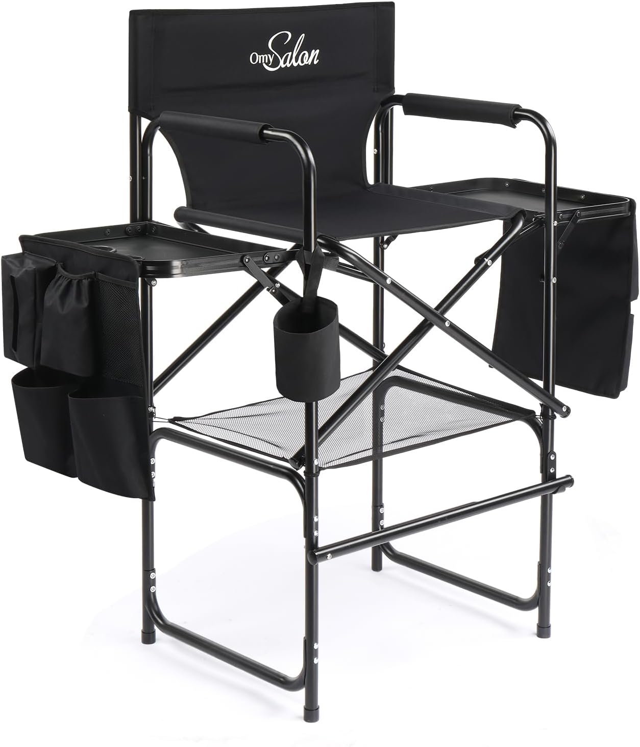 OmySalon Tall Folding Directors Chair with Side Table Storage Bag, Aluminum Frame 300 lbs Capacity, Portable Makeup Artist Bar Height, 19.7" D x 24.6" W x 45.7" H(Black)