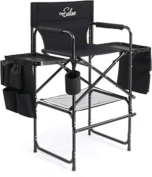 OmySalon Tall Folding Directors Chair with Side Table Storage Bag, Aluminum Frame 300 lbs Capacity, Portable Makeup Artist Bar Height, 19.7" D x 24.6" W x 45.7" HBlack