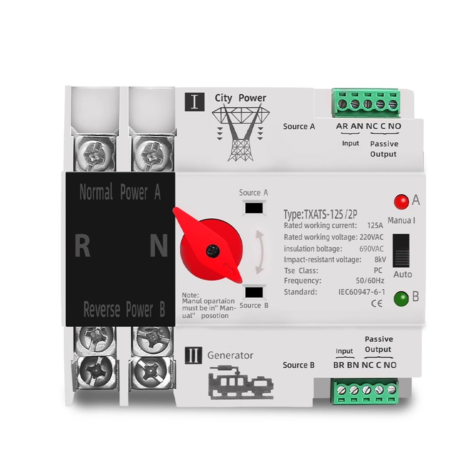 ATS 220V commutateur transfert automatique monophasé rail DIN inverseur source 63A - 7