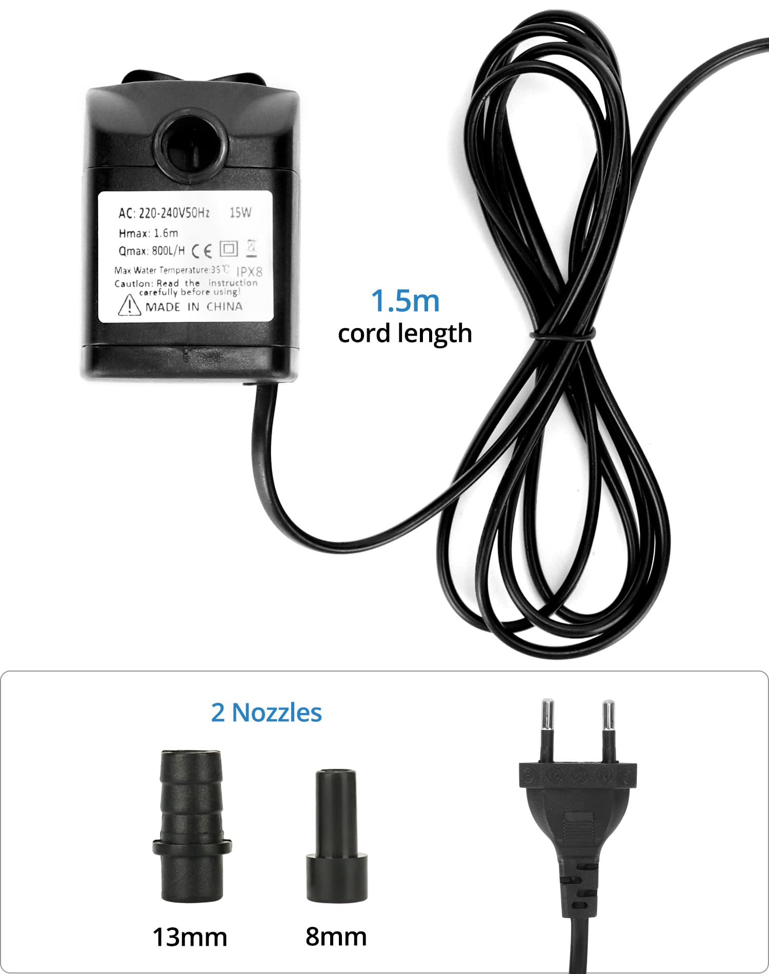 Pompa Sommersa Mini 800 L/H - Silenziosa Per Acquario, Fontane E Stagni, Con 2 Ugelli