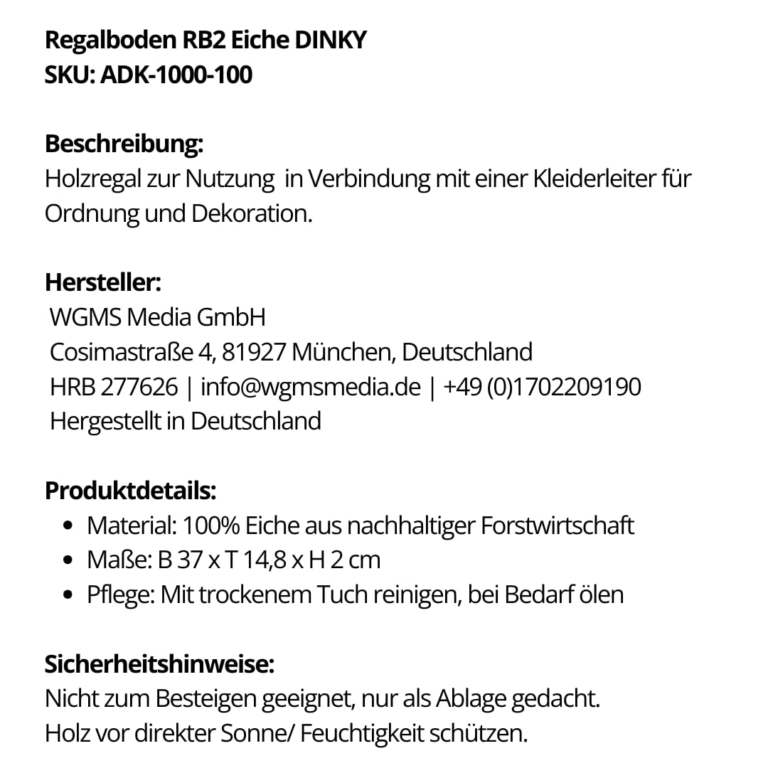 Kleiderleiter Regal RB2 Eiche Dinky, 37 x 14,8 x 2 | Regal für oben auf der Kleiderleiter, Handarbeit aus Deutschland