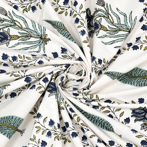 Image of DE CAMA Since 1997 | 100% Cotton 300 TC Premium Super King Size Bedsheet for Double Bed (108 x 108 Inch) with 2 Pillow Covers Set (17 x 27 Inch) Hand Block Printed Bedsheet Set - Floral Green