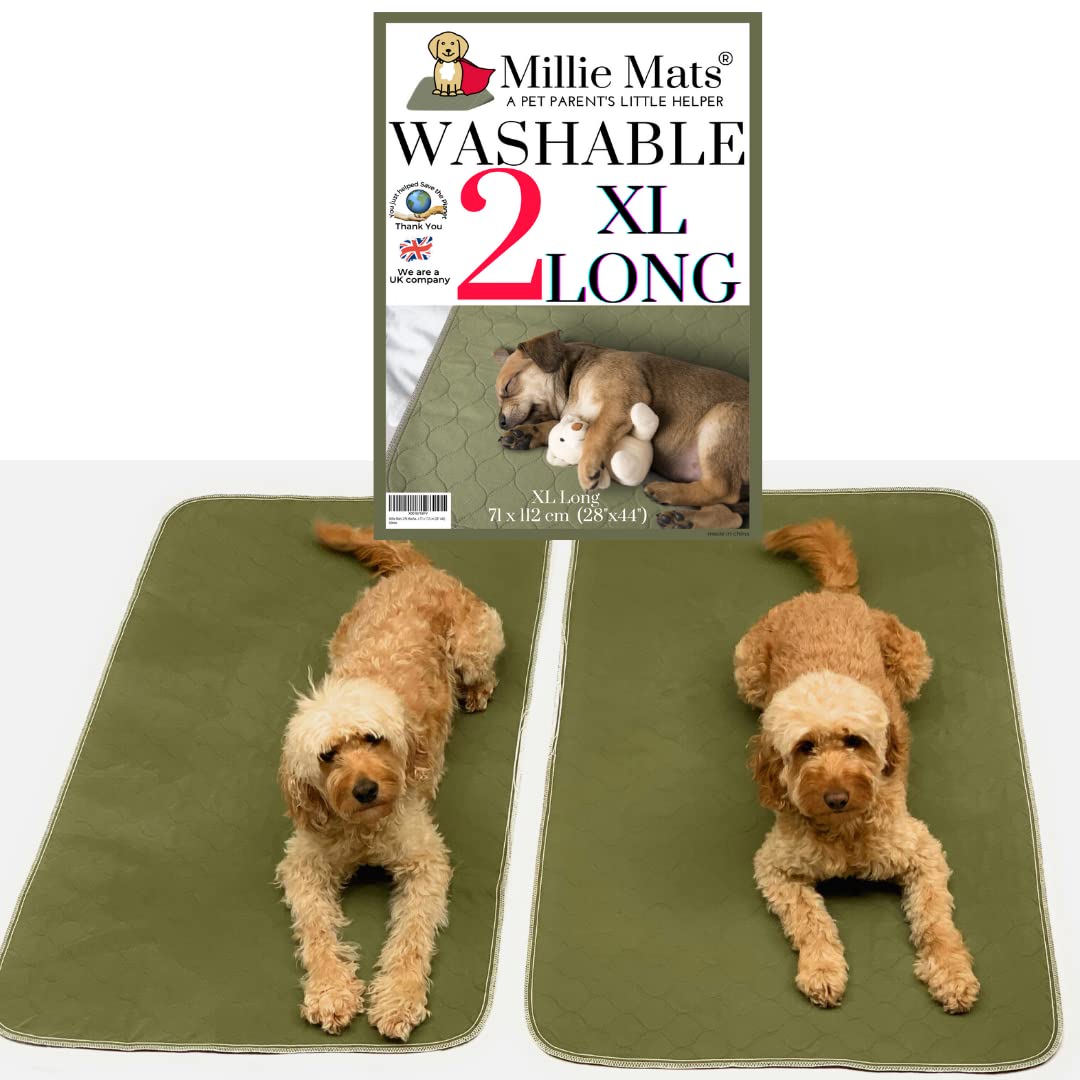 Millie Mats Army Green 2 Pk Washable Puppy Pads Incontinent Dogs, Senior Pets, Guinea Pigs. Use To Protect Floors, Sofa, Crate, Bed, Car. Use After Bath For Wet Dog, Car Sickness 71 X 112 Cm (28" X44)