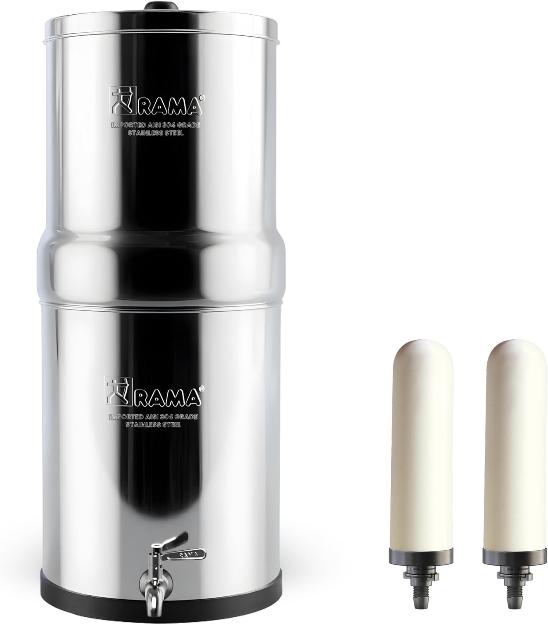 RAMA Gravity Water Filter | 17L Total Capacity (8L Storage) | 304 Stainless Steel Non-Electric Water Purifier Filter for Home | Includes 2 Spirit 7" Ceramic Candles & Steel Tap | 10-Year Warranty