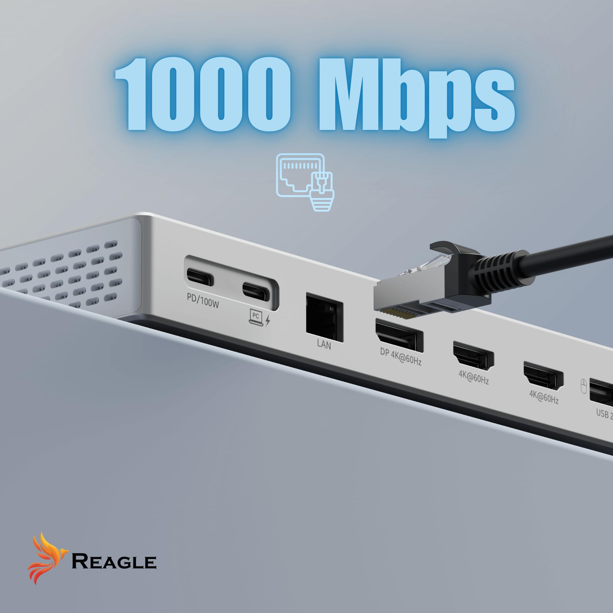 Reagle HUB USB-C 16 w 1 USB-C 2X HDMI, 1 x DP, 7X USB MST 4K60Hz stacja dokująca PD100W, LAN RJ45, Thunderbolt USB-C 3.2 10 Gb/sAudio 3,5 mm Micro SD TF 3.0