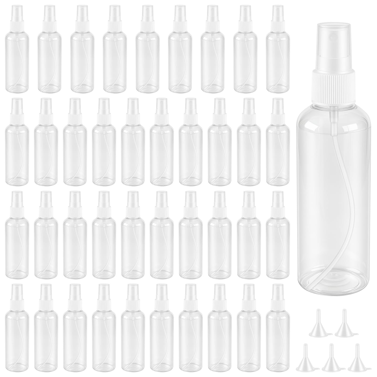 40 Botes Spray Pulverizador 100ml Transparente PET con 5 Embudos, Atomizador Rellenable para Perfume, Aceites Esenciales, Cosméticos y Viaje