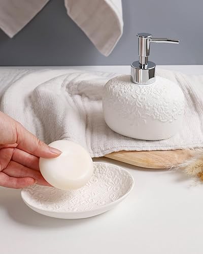 Miniatura 6 de Juego de accesorios de baño con diseño en relieve, 4 piezas, juego de accesorios de baño de cerámica blanca, juego de soporte para cepillo de