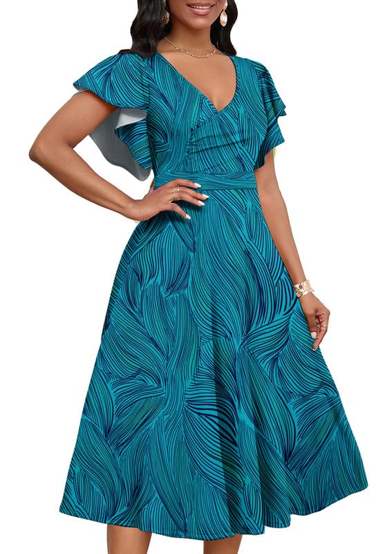Image of MarryUP Women's Cocktail Midi Dress Elegant V Neck Ruffle Short Sleeve Wrap Wedding Guest Semi Formal A Line Dress
