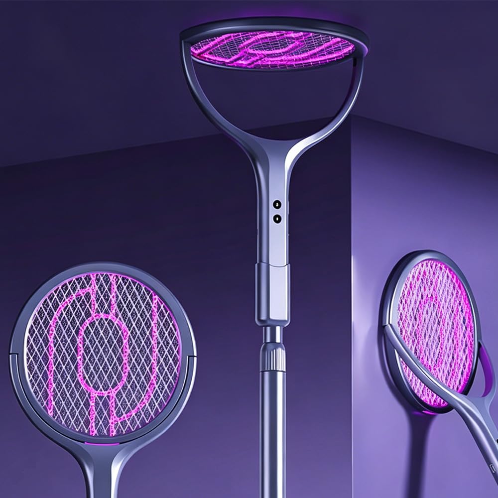 Rotating Head Electric Fly Zapper, Electric Fly Swatter Racket, Racket Rechargeable Flies Killer, Racket Bug Zapper Indoor with Telescopic Extension Wand 79-106cm (Grayish-purple)