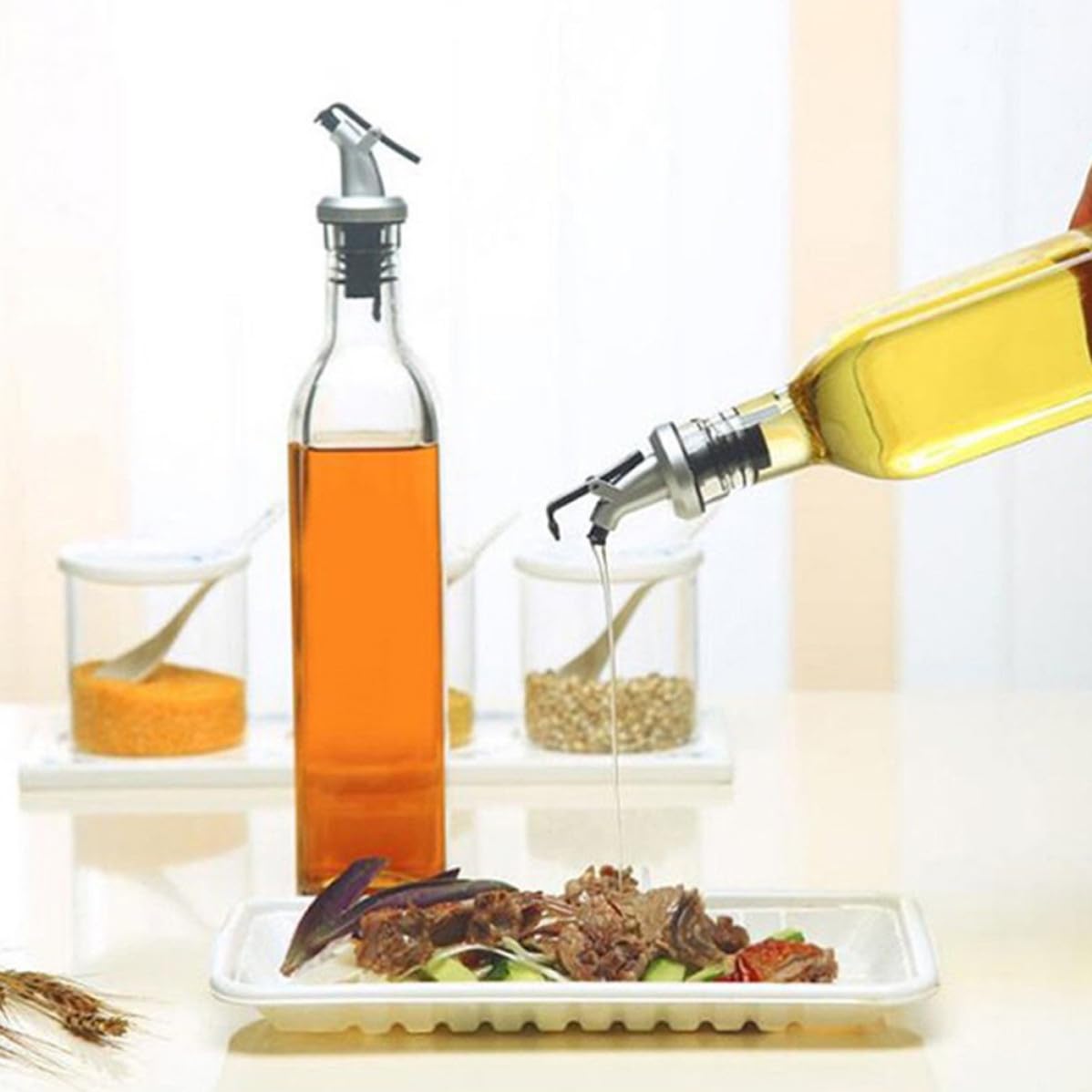 INOOMP Set 4 Bottiglie in Vetro da 250ml per Condimenti Liquidi, Olio e Aceto, Design Antigoccia e Tappo Ermetico, per Cucina Domestica