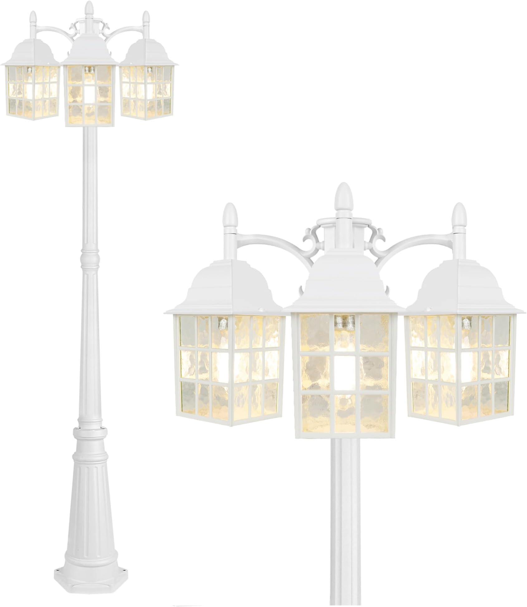 3-Head Lamp Post Outdoor Lighting, Dusk to Dawn Sensor Post Lights for House, Street Light with Water Ripple Glass Shade, E26 Base White Light Fixtures, Lantern Lamp for Driveway, Backyard, Garden