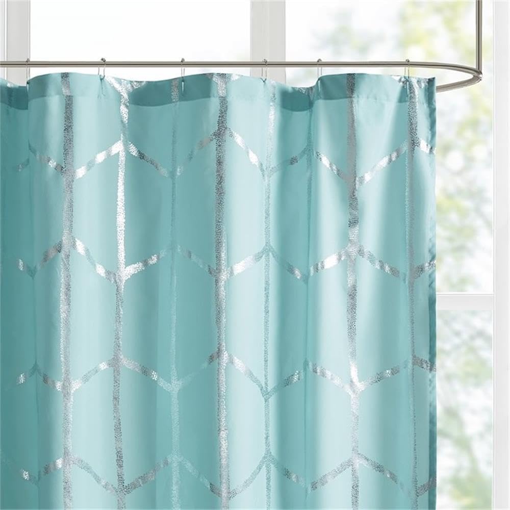 Pemberly Row Polyester Microfiber Shower Curtain in Aqua Blue/Silver