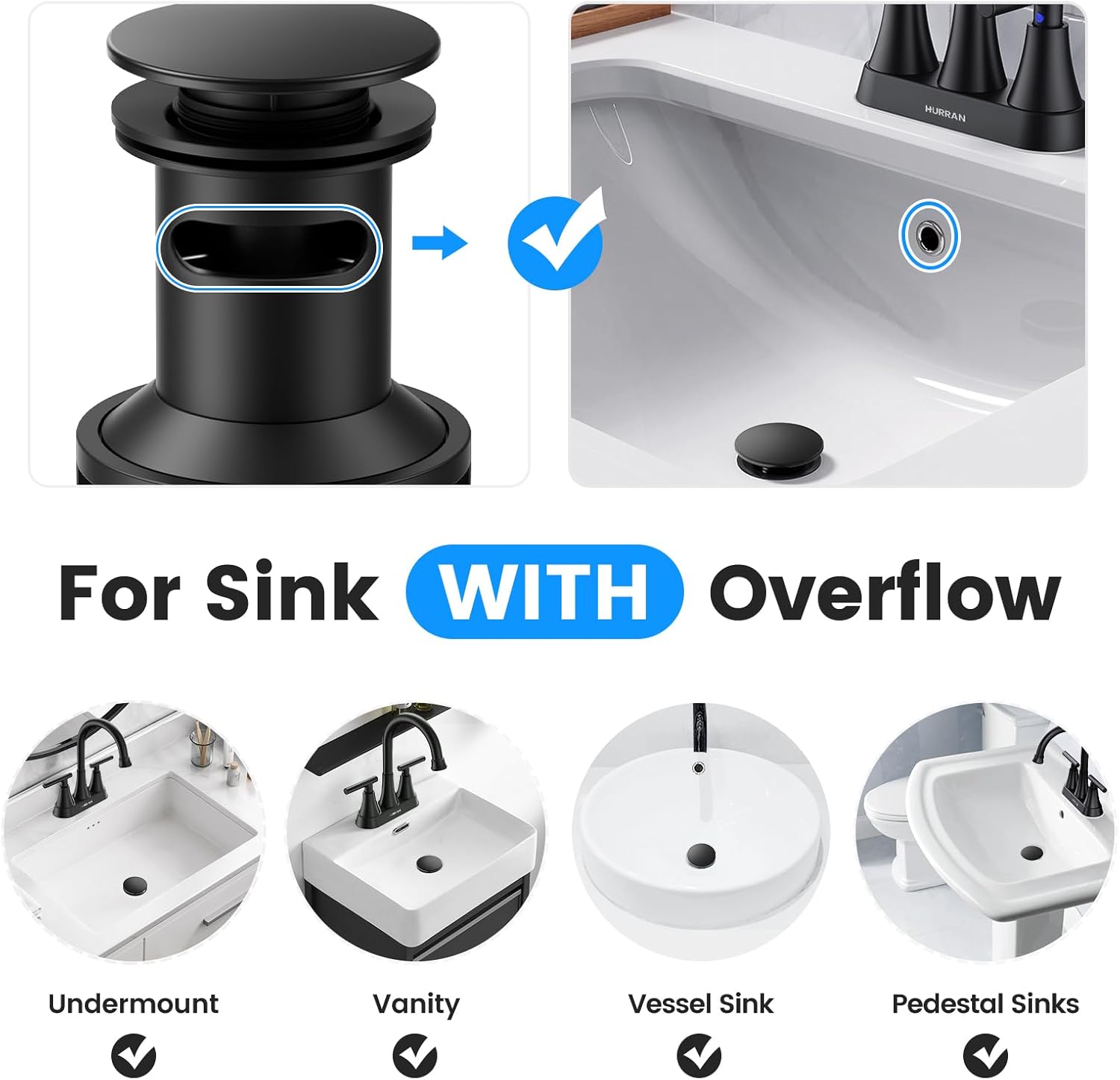 Bathroom Sink Drain with Overflow, Hurran Matte Black Bathroom Sink Stopper for Bathroom Vanity Vessel Sink, Rapid Draining Plastic Pop-up Sink Drain with Hair Catcher Anti-Clog Strainer
