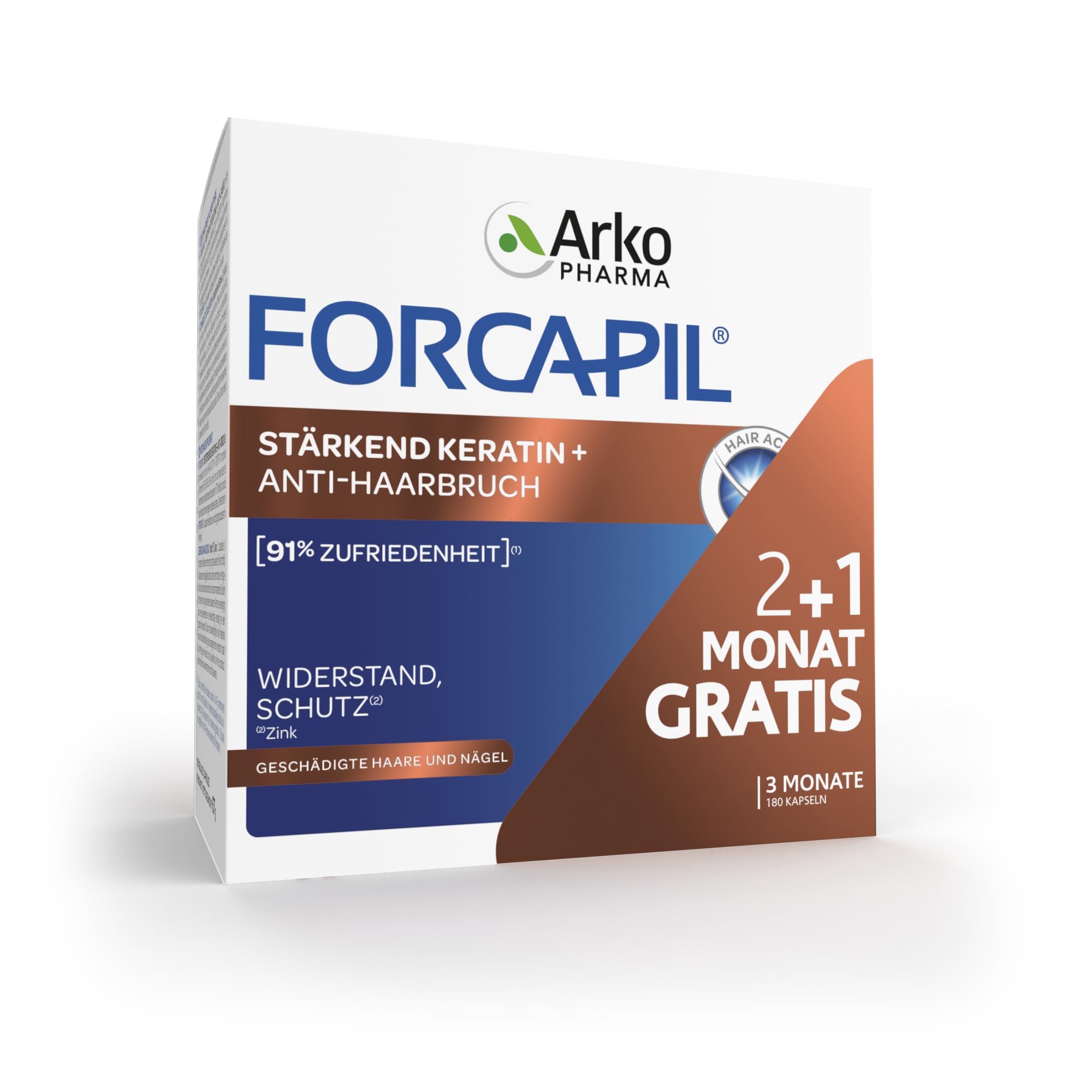 ARKOPHARMA - FORCAPIL® Stärkendes Keratin + Anti-Haarbruch - Haar-Vitamine - geschädigte Haare und Nägel - Widerstandskraft und Schutz - Zink - 450 μg Biotin - Ab 15 Jahren - 180 Kapseln