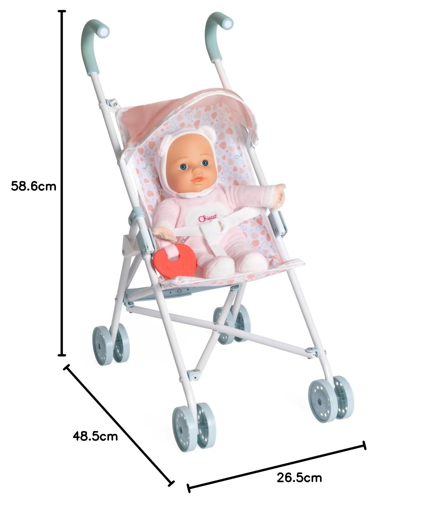 Chicco Cochecito para Muñecas My First Doll, para niños a Partir de 3 años, Cochecito de Juguete con 4 Ruedas, Ligero y fácil de Plegar, Asiento de Tela y Capota Plegable