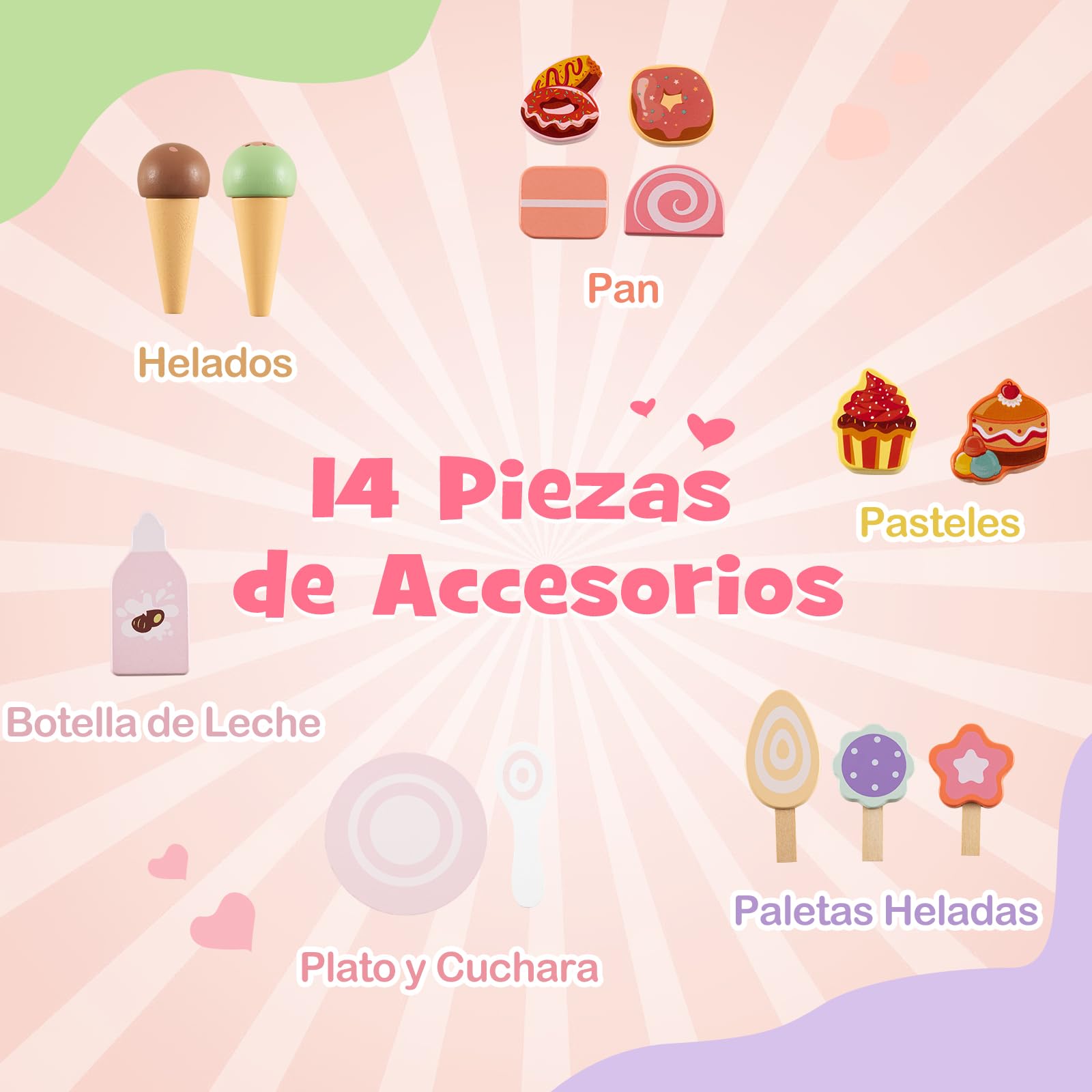 GOPLUS Andador de Madera 2 en 1 para Bebés, Juguete de Empujar Montessori, Carrito de Helados con Accesorios Interactivos, Ruedas Antideslizantes, Centro de Actividades para 1+ Años (Rosa)
